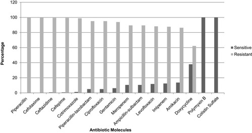 Figure 1 Percentage of antimicrobial resistance and sensitivity of MDR A. baumannii (N = 161).