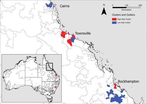 Figure 2 Map showing the cluster and outlier analysis results as applied to the sites identified through hot spot analysis (Figure 1). Red (high–high clusters) postcodes have statistically high numbers of authors and are spatially close to postcodes that also have significantly high numbers of authors. Blue (low–high outliers) postcodes have a statistically low number of authors and are spatially close to postcodes with a statistically high number of authors. Identifying these clusters and outliers further assists in selecting the most data-rich, spatially proximate postcodes for further qualitative analysis.