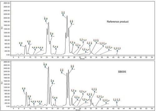 Figure 6 Comparative N-glycan spectra of SB005 and reference product analyzed using ultra performance liquid chromatography (UPLC).