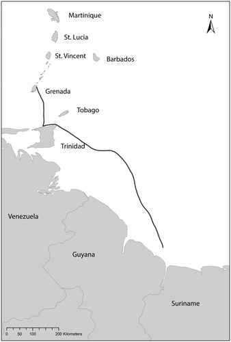 Figure 9. Route between southern Guyana and La Poterie, Grenada modeled for November. The path meets the Trinidad coast close to the Ceramic Age site of Blanchisseuse (Figure by Emma Slayton, adapted from Slayton Citation2018: Figure 112).