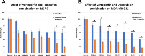 Figure 6 Cell viability with and without pre-treatment with verteporfin. (A) Effect of combined treatment with verteporfin and tamoxifen on the viability MCF-7 cells tested by MTT. The cells were treated with Tamoxifen (Tam) alone, at concentrations of 0.01, 0.05, 0.1, 0.5, 1, 5 and 10 uM, and with the same doses of Tamoxifen after 24-hour pre-treatment with verteporfin (VP) at a dose of 5 uM. Statistical difference was tested using ANOVA test and posthoc Tukey Kramer. (*= p-value <0.0001). (B) Effect of combined treatment with verteporfin and doxorubicin on the viability of MDA-MB-231 cells tested by MTT. The cells were treated with Doxorubicin (Dox) alone, at concentrations of 0.01, 0.05, 0.1, 0.5, 1, 5 and 10 uM, and with the same doses of doxorubicin after 24-hour pre-treatment with verteporfin (VP) at a dose of 5 uM. Statistical difference was tested using ANOVA test and posthoc Tukey Kramer. (*= p-value <0.0001).