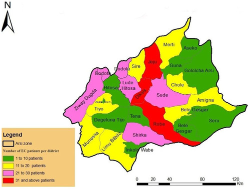 Figure 2 Map showing the spatial distribution of esophageal cancer cases in Arsi Zone, Oromia, Ethiopia, 2020.