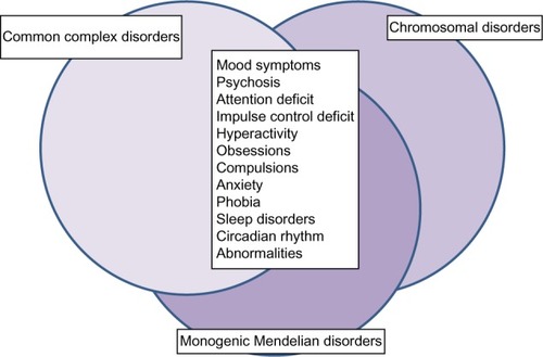 Figure 1 Symptoms of mood disorders are shared among common complex disorders, rare chromosomal disorders, and monogenic Mendelian disorders. Although many common complex disorders and rare Mendelian disorders share psychiatric symptoms, they do not always share the same genetic risk factors. Common complex disorders, such as bipolar disorder, are likely influenced by many genetic variants with small effect, in addition to environmental risk factors. Rare chromosomal disorders are characterized by large chromosomal deletions and duplications, which could potentially affect hundreds of genes. Rare monogenic Mendelian disorders are caused by characteristic mutations in a single gene. These differences in genetic risk factors have important consequences for risk prediction, genetic testing, and counseling.