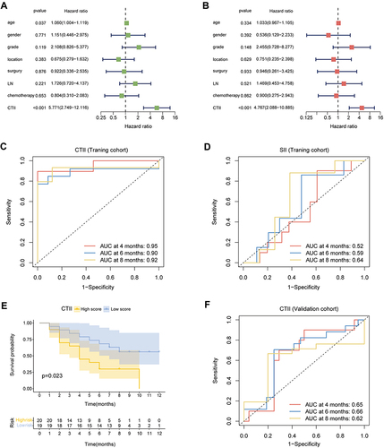 Figure 4 Independence and accuracy of the prognostic CTII. Forest plot of univariate (A) and multivariate (B) Cox regression analysis showed that CTII was an independent factor for prognosis. The ROC curves of the CTII (C) and SII (D) in the training cohort. (E) The K–M curves for the OS of patients in the validation cohort based on CTII. (F) The ROC curves of the CTII in the validation cohort.