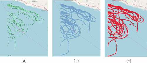 Figure 2. The (a) VMS trace, (b) AIS trace and (c) Fused trace of a specific fishing vessel.