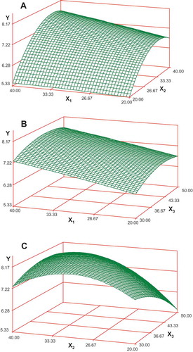 Figure 2. Response surface figures showing effects of (A) extraction time (X1, min) and ethanol concentration (X2, %) at constant extraction temperature; (B) X1 and temperature (X3, °C) at constant ethanol concentration; and (C) ethanol and temperature at constant time for the extraction yield of phenolic compounds from fenugreek seed.Figura 2. Gráficos de superficie de repuesta que muestran los efectos de: A, tiempo de extracción (X1, min) y concentración de etanol (X2, %) a una temperatura constante de extracción; B, X1 y temperatura (X3, °C) a una concentración constante de etanol y C, etanol y temperatura a un tiempo constante para el rendimiento de extracción de los compuestos fenólicos de la semilla de fenogreco.