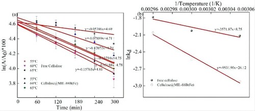 Figure 9. Thermal inactivation kinetics analysis of free cellulase and Cellulase@MIL-88B(Fe) (a) Pseudo 1st order plot of thermal deactivation of free cellulase and Cellulase@MIL-88B(Fe), and (b) Arrhenius plot for deactivation at 55, 60 and 65°C.