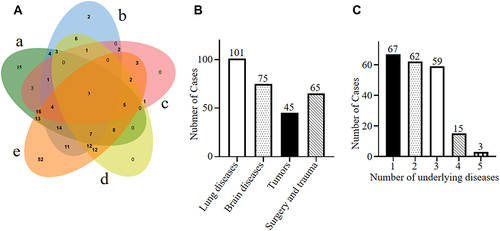 Figure 2 Distribution of diseases involved in 206 patients with Candida infection. (A) a Patients suffering from pulmonary conditions, b Patients suffering from cerebral conditions, c Patients with the history of tumor, d Patients with the history of surgery and trauma, e Patients with other conditions. (B) 206 patients were collected and among them, 101 patients suffered from pulmonary conditions (101/206, 49.03%), 75 patients suffered from cerebral conditions (75/206, 36.41%), 45 patients had the history of tumor (45/206, 21.84%) and 65 patients had the history of surgery and trauma (65/206, 31.55%). (C) The numbers of underlying diseases that patients suffered from. There were 67 patients (67/206, 32.52%) who suffered from 1 underlying disease, 62 patients (62/206, 30.10%) who suffered from 2 underlying diseases, 59 patients (59/206, 28.64%) who suffered from 3 underlying diseases, 15 patients (15/206, 7.28%) who suffered from 4 underlying diseases and 3 patients (3/206, 1.46%) who suffered from 5 underlying diseases.