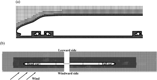 Figure 9. Volume meshes around the head car: (a) side view; and (b) top view.