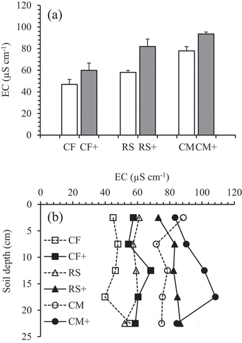 Figure 2. Long-term effects of mineral slag additions on the changes in EC at the 0–25 cm soil depth (a) and 5-cm soil depth increments (b). Bars are standard deviation (n = 3).