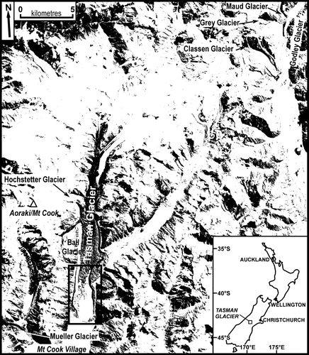 FIGURE 1 Location of Tasman Glacier in the Aoraki/Mt Cook National Park, and location of other ice-contact lakes and glaciers mentioned in the text. The base map is an ASTER image acquired on 9 February 2006. Box around Tasman Lake represents the area shown in Figures 2 and 3A.