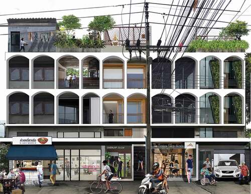 Figure 14. Possible street elevation of a row of shophouses in Bangkok once the owners have adopted and applied a design guideline for the improvement of modern shophouses built during the 1960s and 1970s according to their own needs while conforming to regulations and achieving a certain level of unity in design, thanks to the maintenance of the original concrete screens