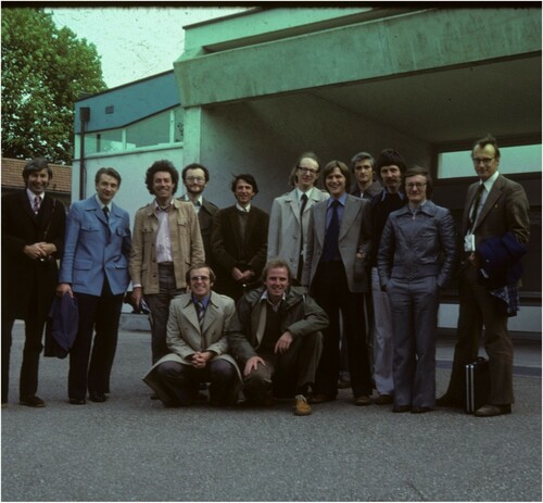 Figure 1. Showing Ron Johnston (second from left) with the British delegation to the first European Colloquium on Theoretical and Quantitative Geography in Strasbourg, 1978. Standing left to right: Lyndhurst Collins, Ron, Mike Bradford, Nigel Thrift, Bob Bennett, John Dawson (obscured), Les Hepple, Neil Wrigley, David Clarke, Stan Openshaw, Mike Batty, John Thornes. Crouching: Dave Unwin, Ray Harris. With thanks to Dave Unwin for helping to trace and contextualise the photograph.