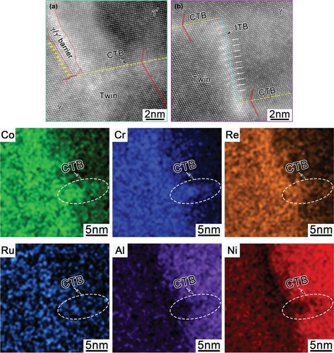 Figure 4. (a) High resolution image illustrating that the extension of deformation twin was partially impeded by γ/γ′-interface, (b) characteristic of typical CTB and ITB in the γ′ particle. HRSTEM-EDS element mapping displaying the element segregation at the γ/γ′-interface and CTB in γ′ phase (white cycle).