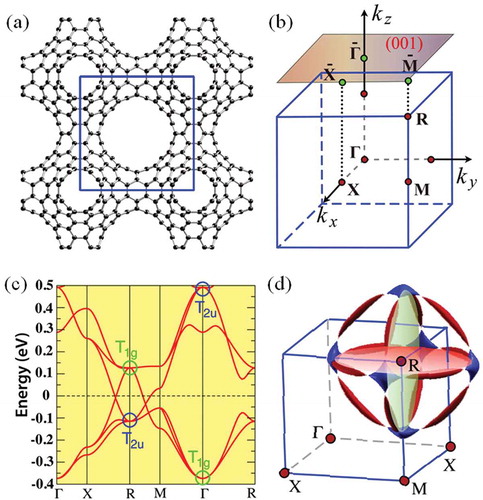 Figure 2. (a) Schematic depiction of the structure of MTC. (b) Bulk and (001)-surface BZ, as well as the highly symmetrical k points. (c) Band structure from the first-principles calculation. The two triply degenerate eigenstates at Γ and R with T1g and T2u symmetrical representation are marked. The band inversion between them can be easily seen. (d) The Fermi surface consists of three lotus-root-like rings from the tight-binding calculation. These rings are center the R point and are parallel to the kx=πa, ky=πa, and kz=πa plane, respectively. They are formed by the electron pockets (blue) and hole pockets (red) connected by nodal points at the Fermi energy.