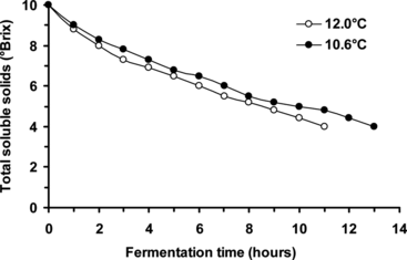 Figure 2 Effect of temperature on beer primary fermentation rate using yeast cells immobilized by adsorption onto ceramic support (beer wort linear flow rate of 0.77 cm/min).