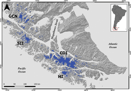 Figure 1. Glacier areas in Southern Patagonia: Gran Campo Nevado (GCN), Santa Inés Icefield (SII), Cordillera Darwin Icefield (CDI), and Cloue Icefield on Hoste Island (HI).
