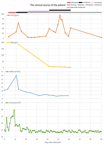 Figure 2 The clinical course of the present case. The X-axis shows the number of days after admission. The serum procalcitonin levels (Orange), C-reactive protein levels (yellow), white blood cells (blue), and temperature (green) variations were recorded. Multiple antimicrobials were given to the patient. Periods using cefmetazole, meropenem, vancomycin, piperacillin-tazobactam, and antituberculosis regimen consisting of isoniazid, rifapentine, ethambutol, and levofloxacin were marked by red, black, pink, purple and gray thick lines, respectively.