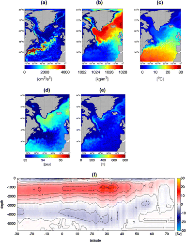 Figure 3. Mean of model year 45 for the simulation: (a) kinetic energy (mean over the upper 50 m), (b) potential density (average over the upper 50 m), (c) temperature (mean over the upper 50 m), (d) salinity (mean over the upper 50 m), (e) maximum mixed layer depth in March, and (f) pattern of the AMOC.