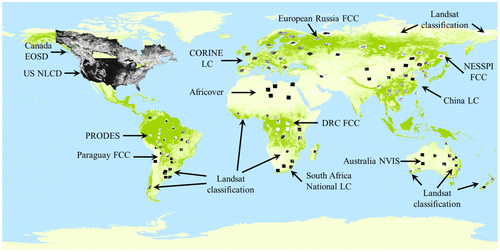 Figure 2. Regional land cover data-sets collected or generated for the integration of global land cover products. Black-and-white layer shows the location of each regional data-set, whereas the green background layer is the MODIS VCF tree cover.