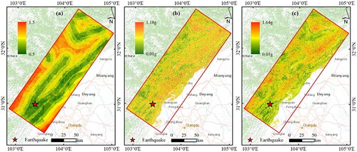 Figure 8. Spatial heterogeneity of the rock mass strength and the critical acceleration in Wenchuan. (a) the spatial heterogeneity of rock mass strength in Wenchuan estimated using the empirical model, (b) the critical acceleration in Wenchuan calculated without considering the spatial heterogeneity of rock mass strength, and (c) the critical acceleration modified after considering the spatial heterogeneity of rock mass strength.