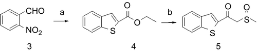 Scheme 2.  Synthesis of compound 5. a: 1 equiv. of ethyl 2- mercaptoacetate, K2CO3, DMF. b: DMSO, NaH.