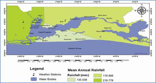 Figure 9. Mean annual rainfall map of areas around the Lagos lagoon