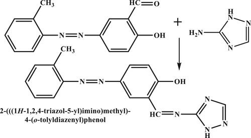 Figure 1. Syntheses of 2-(((1H-1,2,4-triazol-5-yl)imino)methyl)-4-(o-tolyldiazenyl)phenol (H2L, 1).