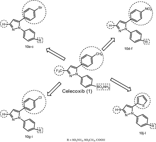 Figure 2. Chemical structures of the selective cyclooxygenase-2 inhibitor celecoxib (1) and the designed dihydropyrazoles 10a–l.
