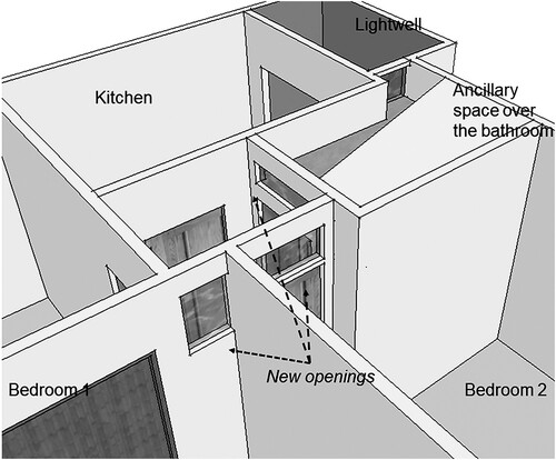 Figure 18. Three-dimensional representation of the apartment spaces showing the new hallway openings.