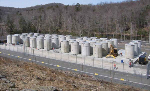 Figure 3. Storage in the open of the lifetime spent fuel discharges of the decommissioned U.S. 175-MWe Connecticut Yankee Nuclear Power Plant (1961–91). Forty casks contain 93% of the lifetime output of the reactor. The three casks at the right contain radioactive components from the decommissioned plant, which was completely razed to make the site available for other purposes (Connecticut Yankee Citation2005).Footnote47