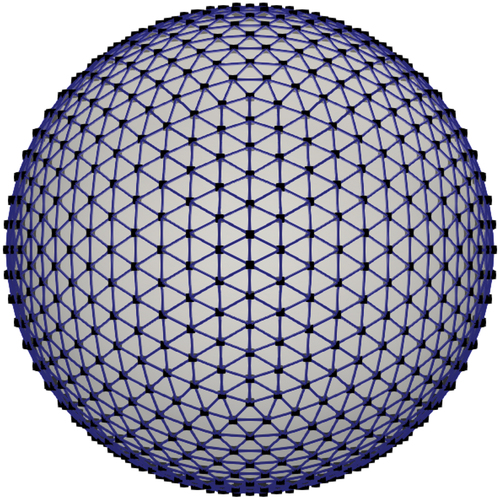 Figure 8. Surface markers (or vertices, black) and corresponding unstructured surface mesh (blue). The mesh consists of Nf=2420 elements and Nv=1212 vertices and was generated through the procedure presented in [Citation244].