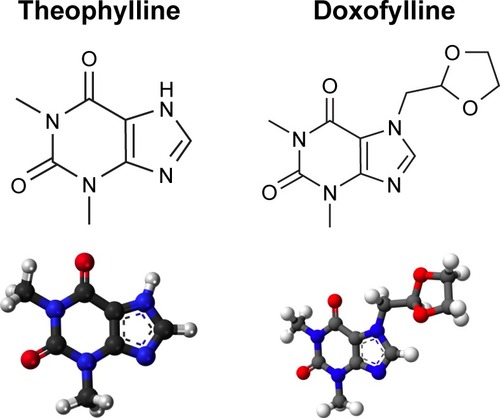 Figure 1 Bidimensional and tridimensional chemical structure images of theophylline and doxofylline.