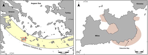 Figure 1. (a) Hydrothermally active island of Milos (highlighted in red) located within the Hellenic Volcanic Arc. (b) Close-up of Milos and the study site of Palaeochori Bay. The shaded area around the island represents the extent (35 km2) of observed hydrothermal activity on the island (CitationDando et al., 1995).