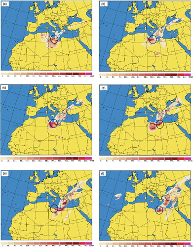 Figure 7. 6-hour wet dust deposition (mgr/m2) of small silt particles, black circles denote the maximum quantity of wet dust deposition, (a) 3149 mgr/m2 on 3 March 2004 at 1800 UTC, (b) 5057 mgr/m2 on 4 March 2004 at 0600 UTC, (c) 5420 mgr/m2 on 4 March 2004 at 1200 UTC, (d) 6850 mgr/m2 on 4 March 2004 at 1800 UTC, (e) 7848 mgr/m2 on 5 March 2004 at 0000 UTC, (f) 5840 mgr/m2 on 5 March 2004 at 0600 UTC.