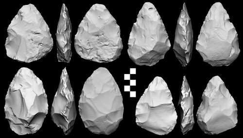 Figure 1. Handaxes from Tabun Layer F. Top left is made on a slab, top right and bottom left are made on cobbles, and the blank type for the bottom right is unknown.