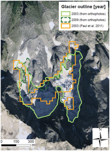 FIGURE 8. Different glacier outlines for Vadrec da la Trubinasca-E (0.22 km2 in 2009): 2003 (light green) and 2009 (dashed dark green) from manual digitizing of high-resolution orthoimages, 2003 (orange) derived by semi-automatic satellite remote sensing (CitationPaul et al., 2011). Underlain is the SWISSIMAGE Level 2 tile from autumn 2009.