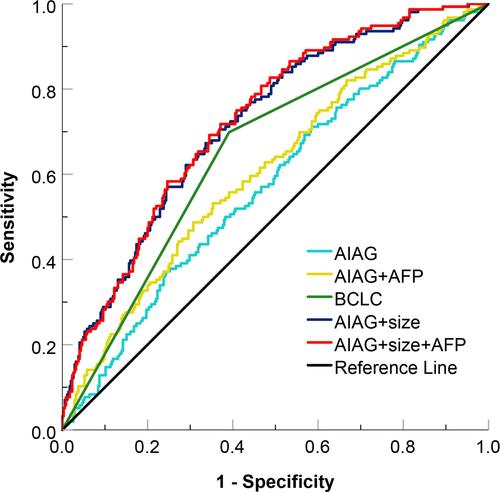 Figure 5 ROC curves of the subgroups stratified according to the AIAG, tumor size and AFP.