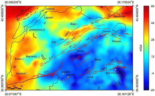 Figure 6. Complete Bouguer gravity anomaly map of the study area. The overlapped active faults in Biga Peninsula are modified after Duru et al. (Citation2012). The overlapped faults in Gelibolu Peninsula are modified after Yaltırak et al. (Citation2000). Abbreviations used for the faults are given in Figure 5.