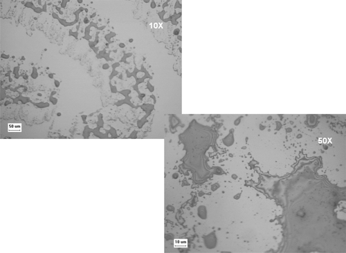 FIG. 12 Optical micrograph of a fingerprint on single crystal silica at 10× and 50× magnifications.