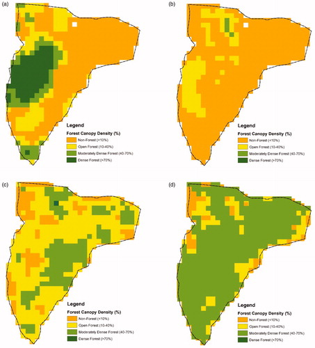 Figure 3. Forest canopy density map in four different successive years: (a) 1999, (b) 2003, (c) 2009, and (d) 2018.