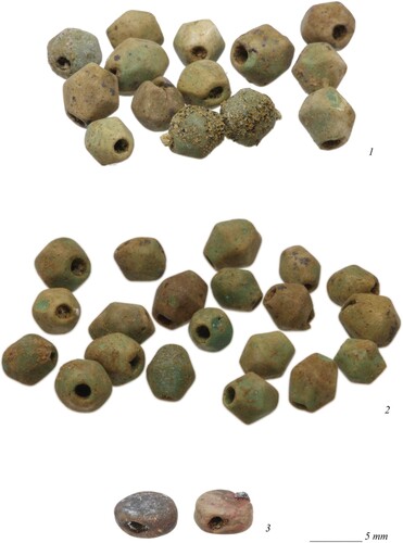Figure 6. Examples of faceted and tabular glass beads from Tomb N1-3: 1) beads BE21-144-014-027_F474-480; 2) beads BE21-144-014-028_F550, 552, 554, 553, 556, 536, 539, 540 (two beads), 512, 529, 535, 545, 546, 548 541, 542, 543, 544; 3) beads BE21-144-014-033 (photographs by J. Then-Obłuska and the Berenike Project).