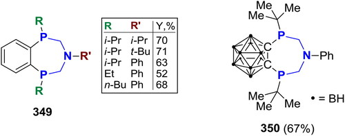 Scheme 202. Cyclo-P2,N-acetals, derived from 1,2-bis(phosphino)benzenes[Citation43] and bis(phosphino)carbaborane.[Citation699]