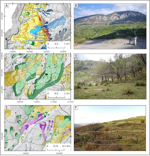 Figure 5. Details of the Main map, object of the present study, showing the main landslide types recognised in the study area. The position of the examples is indicated in Figure 1(A) – Multi-generation slide affecting the western slope of the Mt. Lama – Mt. Calvelluzzo Anticline (see text for explanation). (B) – Panoramic view of the area reproduced in A; traces of scarp and deposit of the main slides are indicated; source area of debris flows are outlined in the upper part of the slope. (C) – Multi-generation slide-earth flow affecting the eastern slope of the Mt. Lama – Mt. Calvelluzzo Anticline (see text for explanation). (D) – Panoramic view of the area C; boundary of a wide morphologic depression at the base of the scarp area is indicated. (E) – Variability of landslide types in the SE corner of the study area. (F) – Panoramic view of the largest earth flow represented in E. Legend for maps A, C and E is the same as Figure 3. A six panels figure, organised in three rows and two columns, illustrates the main landslide types recognised in the study area. First column contains three details of the Main map, which are highlighted in the second column by three panoramic photographs. To easily related maps and photographs, the view point of each photograph is indicated in the correspondent map alongside. First row illustrates in map (Panel A) and in panorama (Panel B) multiple slides and debris flow, respectively affecting the lower and upper part of a slope. Second row illustrates in map (Panel C) multiple slide earth flows and subordinated slides, and in panorama (Panel D), a detail of the head of a large slide earth flow deposit. Third row illustrates in map (Panel E) two large old slides partially dismantled and surrounded by numerous slide earth flows and earth flows; the larger earth flow is documented by the picture in Panel F.