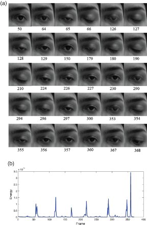 Figure 3. Motion detection using energy spectrum; (a) image sequences of prolong closures of eyes, (b) energy spectrum versus frame.
