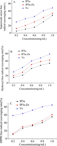 Figure 7. Scavenging effect of IP3a and IP3a-Zn on superoxide anion free radical (A), hydroxyl free radical (B) and DPPH free radical (C).