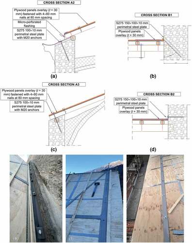 Figure 7. Connection between retrofitted roof diaphragm and masonry walls, with reference to the plan of figure 5: (a) cross section of connection system along the nave walls; (b) cross section of connection system in the main façade; (c) cross section of connection system along the apse walls; (d) cross section of connection system in the wall separating nave and apse; (e-g) examples of realized joints.