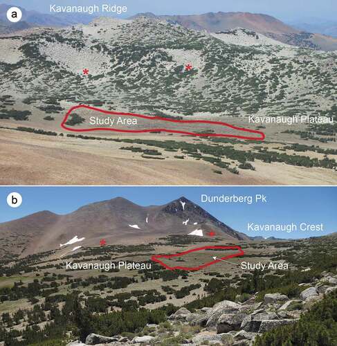 Figure 2. Overview of Kavanaugh Plateau and Dunderberg Peak. The patterned-ground study site (polygon) lies on the shallow slope in the middle of Kavanaugh Plateau and is surrounded by regions of higher relief. (a) View north toward Kavanaugh Ridge (3,389 m). (b) View south–southwest to Dunderberg Peak (3,772 m). Taluses on adjacent slopes that were monitored for pika activity are noted with asterisks.