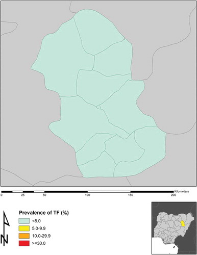 Figure 1. Prevalence of trachomatous inflammation–follicular (TF) in 1–9-year-old children, by Local Government Area, Global Trachoma Mapping Project, Gombe State, 2013.