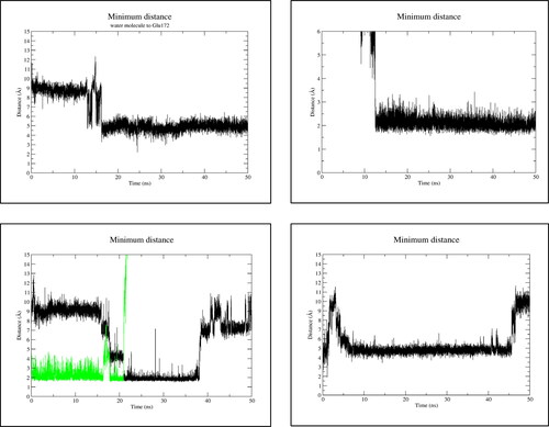 Figure 11. The distance between Glu172 and the water molecule in the presence of β-1,3/1,4-glucan (A), chitin (B), α-1,3-glucan(C) and β-1,3-glucan (D).